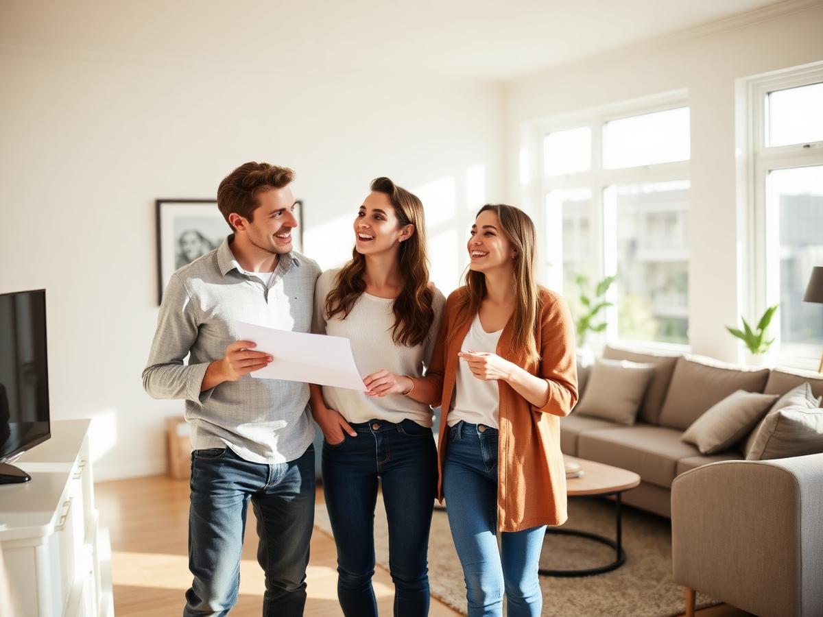 A couple touring a bright living room with a real estate professional