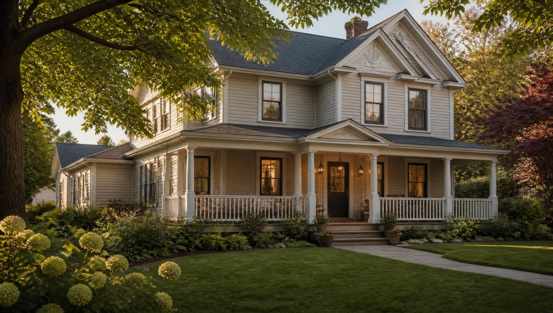 A welcoming suburban home with a wide front porch at golden hour