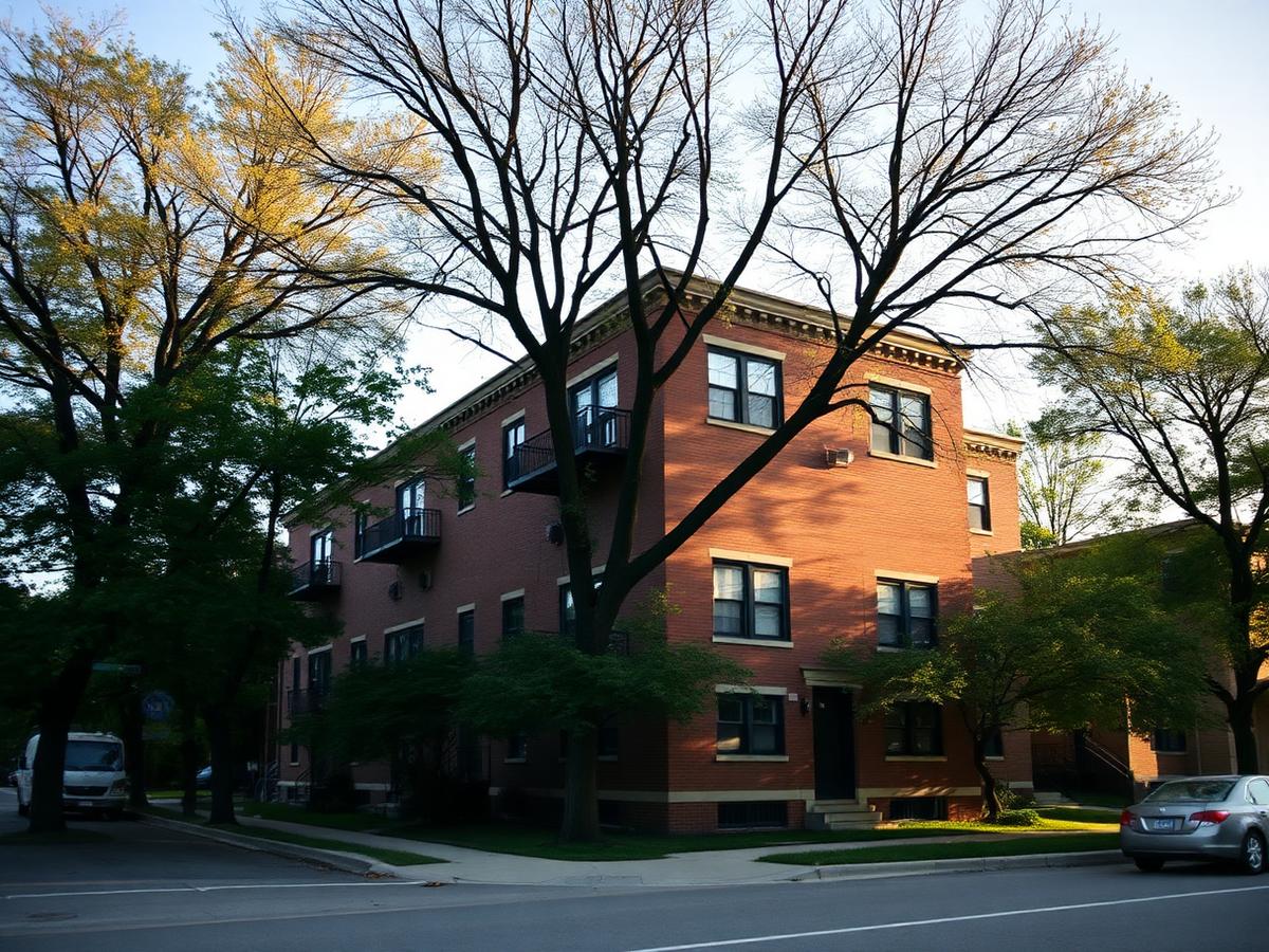 A brick multi-unit residential building on a tree-lined suburban street