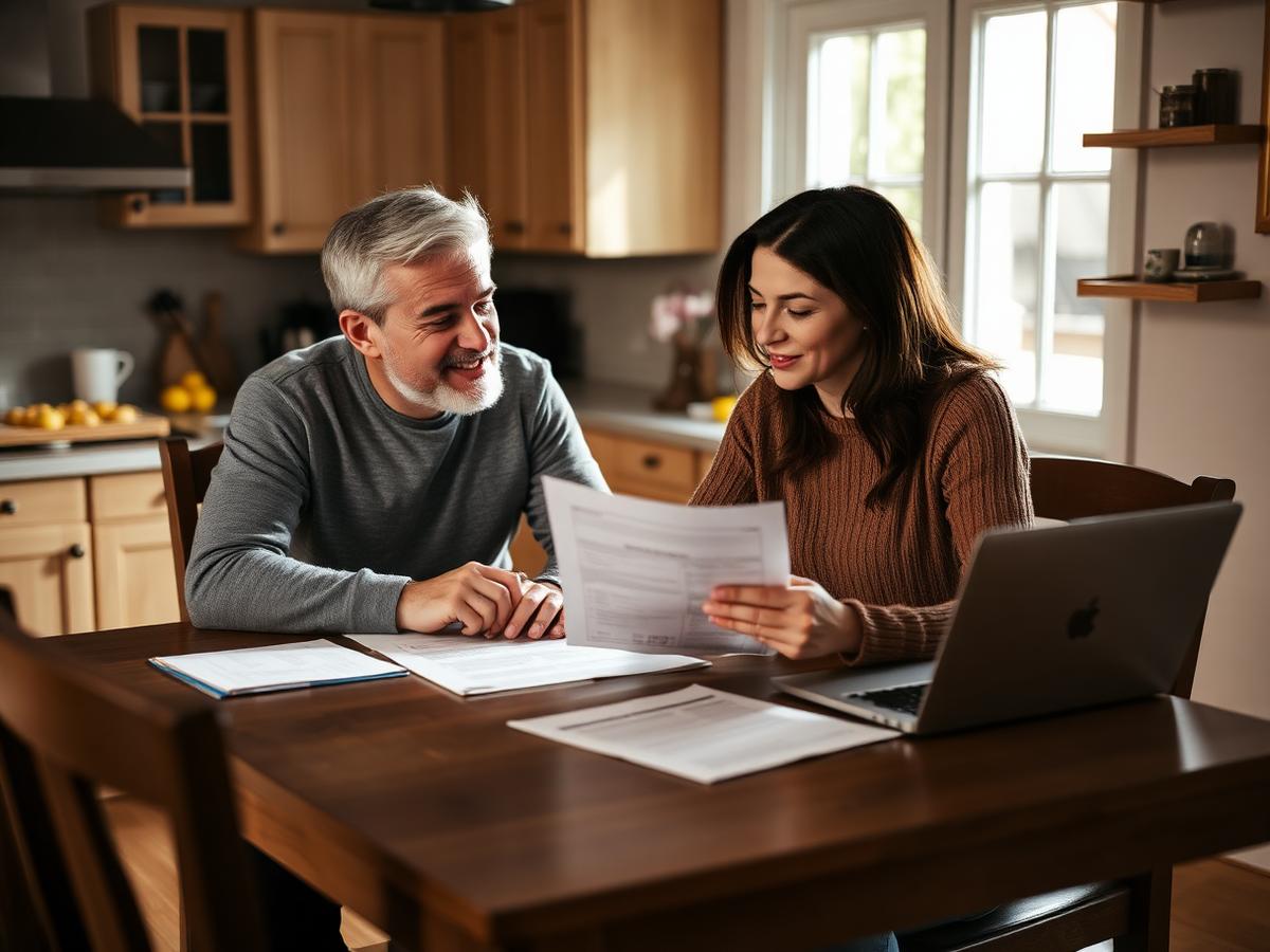 Two people reviewing home financing paperwork at a kitchen table