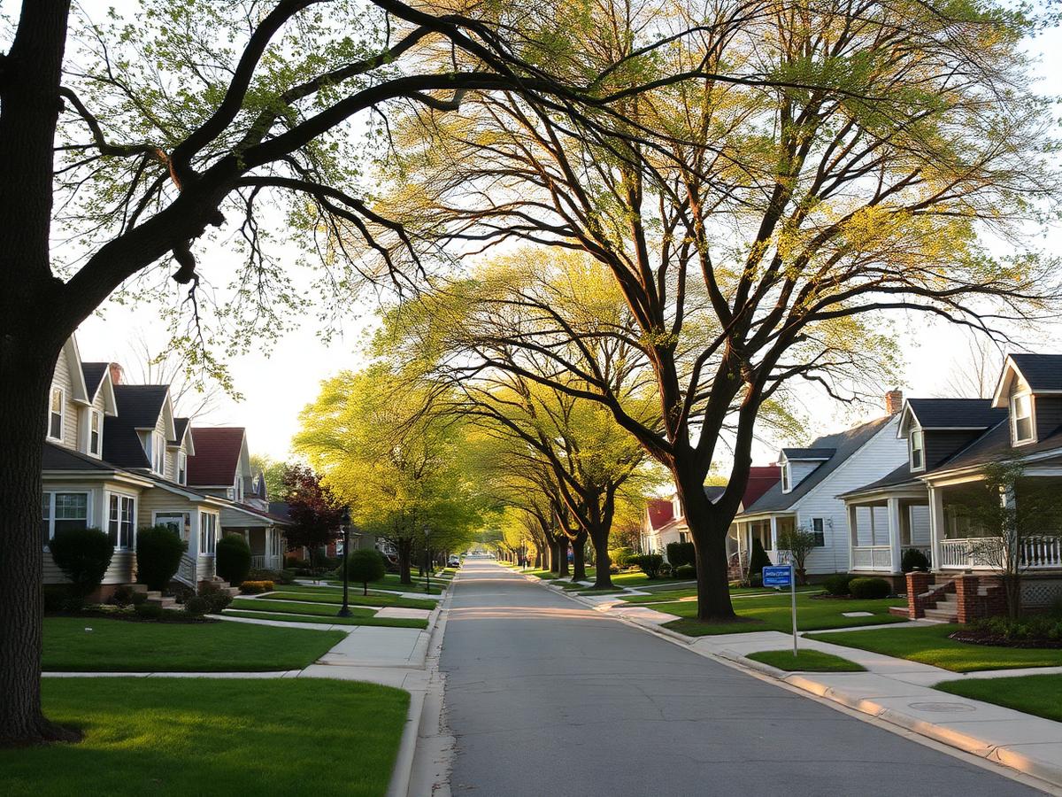 A quiet tree-lined suburban street of well-kept Illinois homes