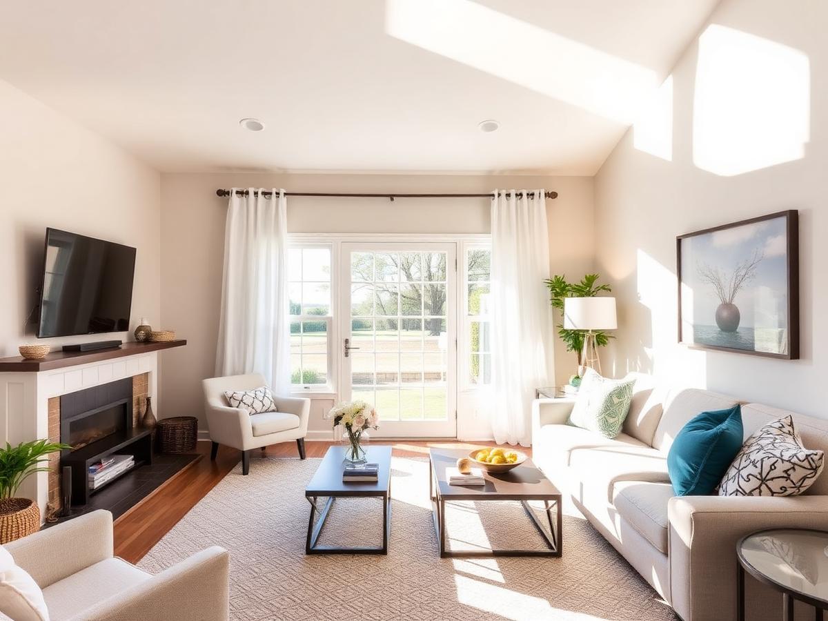 A sunlit, well-staged living room prepared for showings